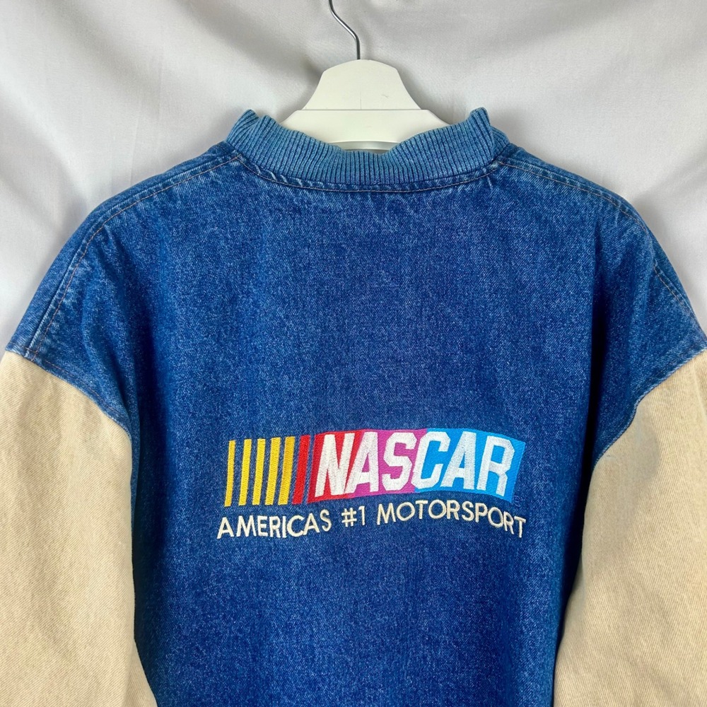 Vintage 90s NASCAR Three Rivers Denim Varsity Jacket Men Large Blue Tan USA Made - Picture 10 of 13